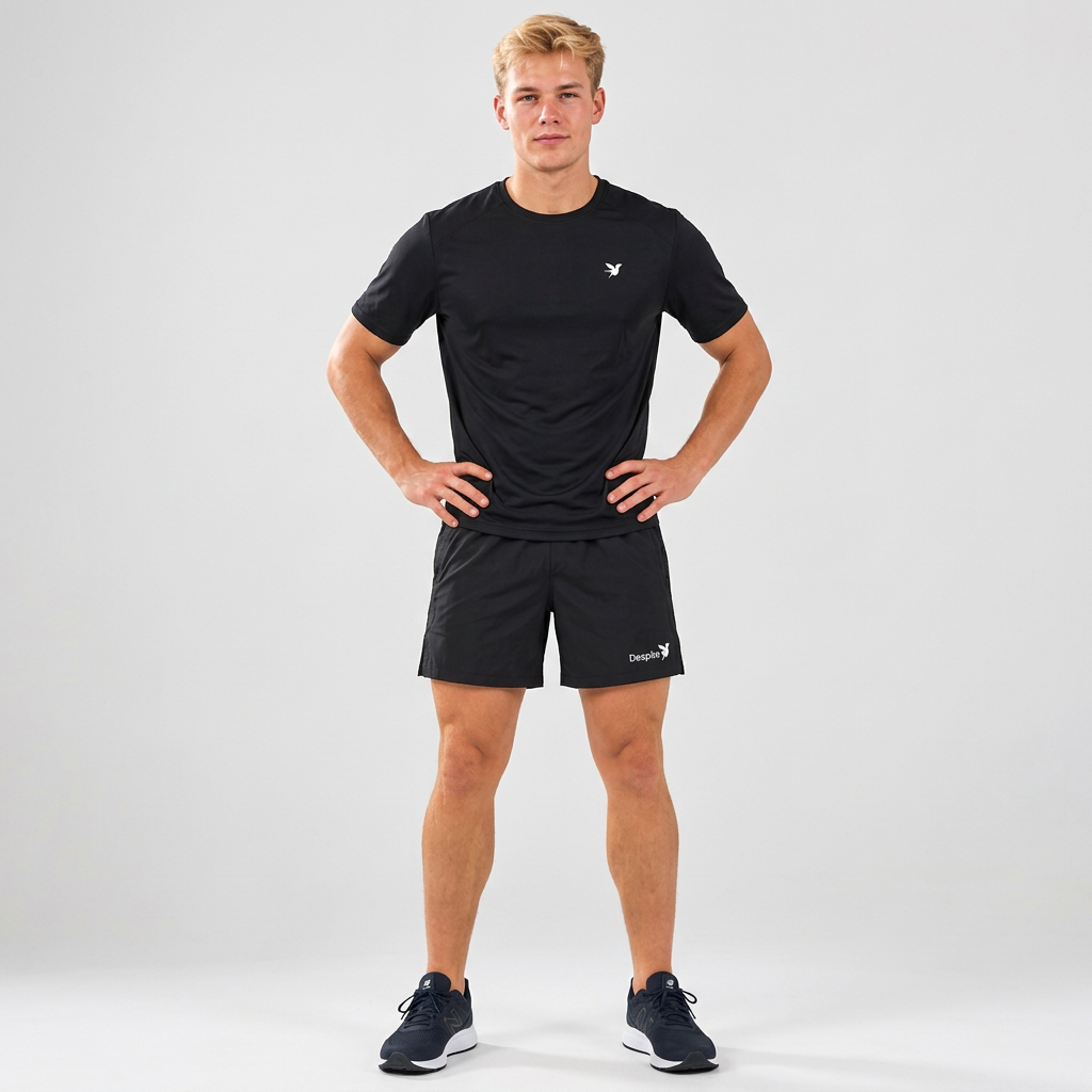 Enkelt kvadratisk produktbillede med modellen i sorte Despite-shorts