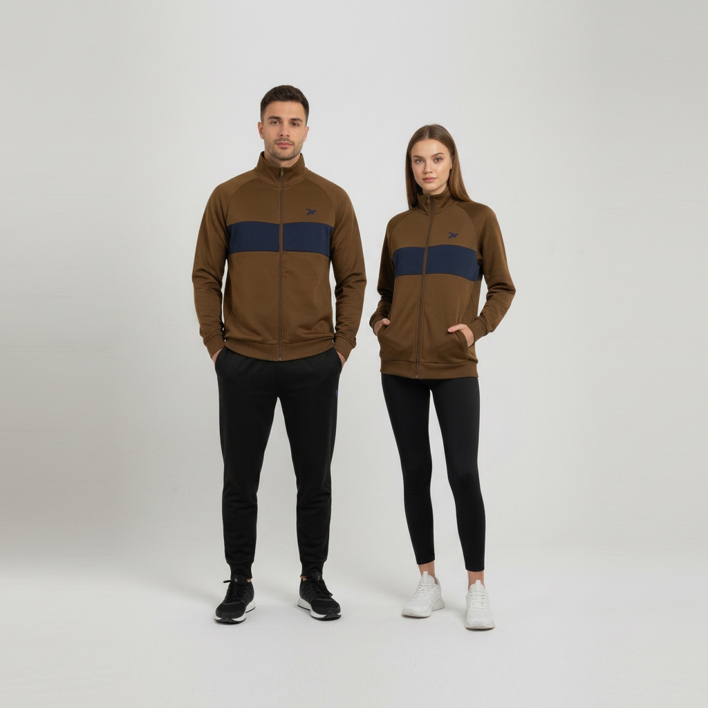 Mand og kvinde i brun Despite track jacket med blå stribe, kvadratisk billede