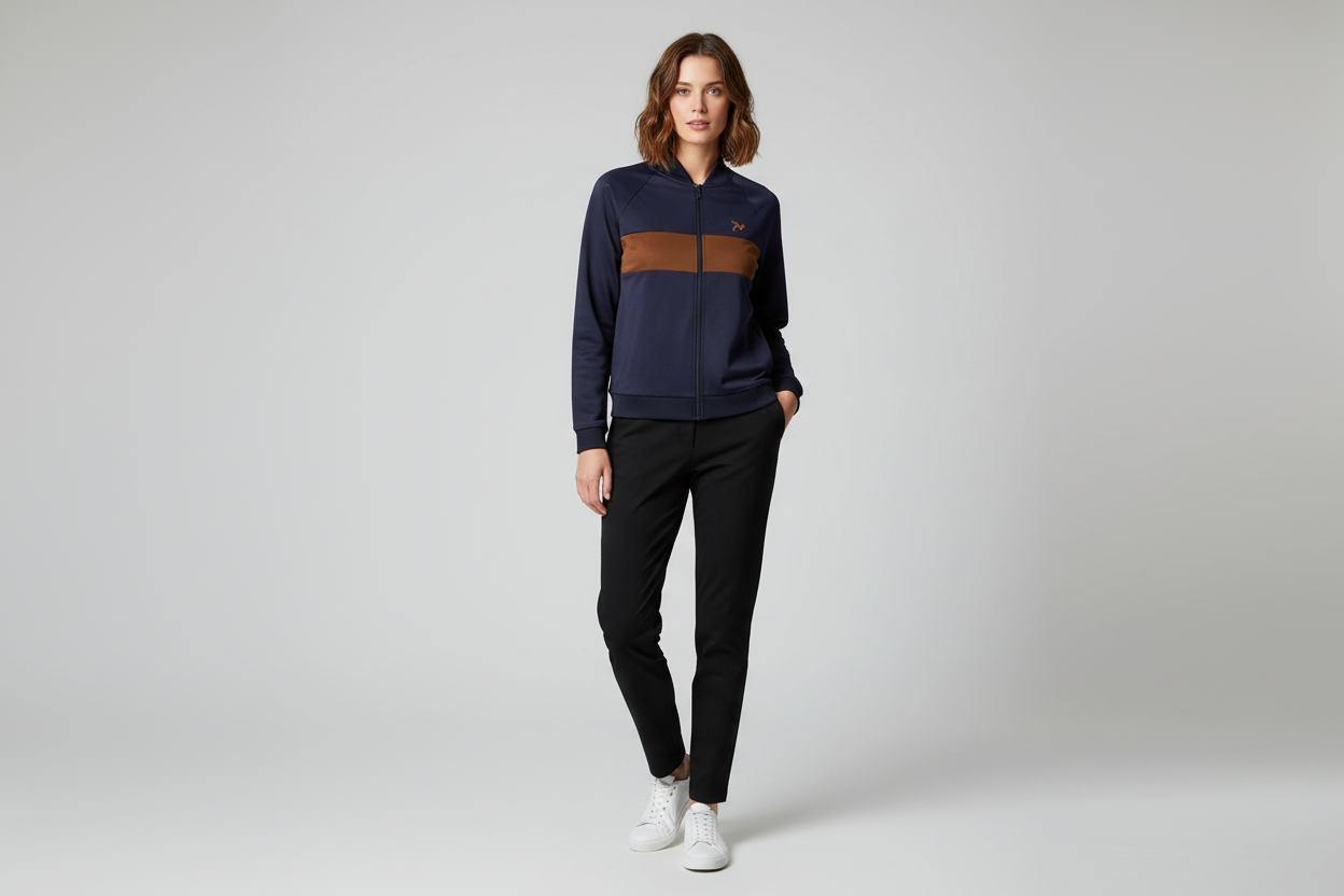 Kvinde i to-farvet blå og brun jakke