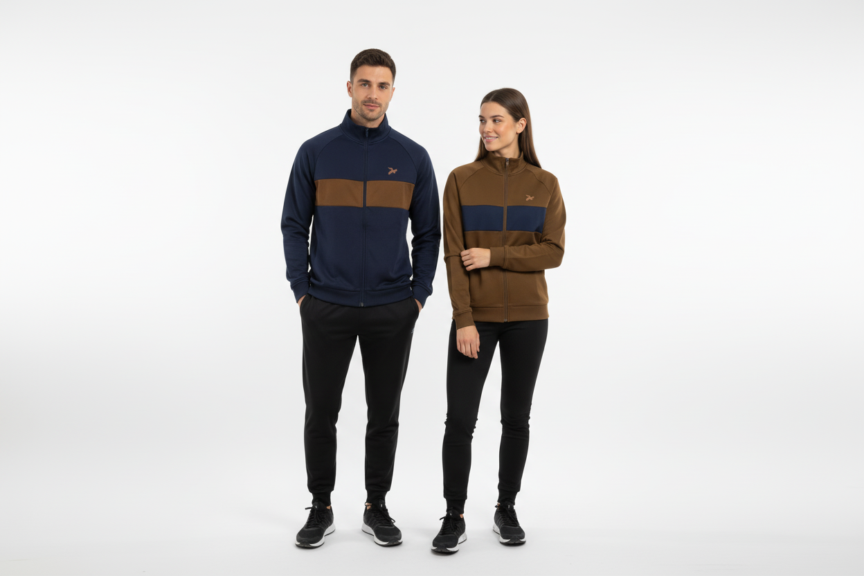 Produktfoto med blå og brun trøje